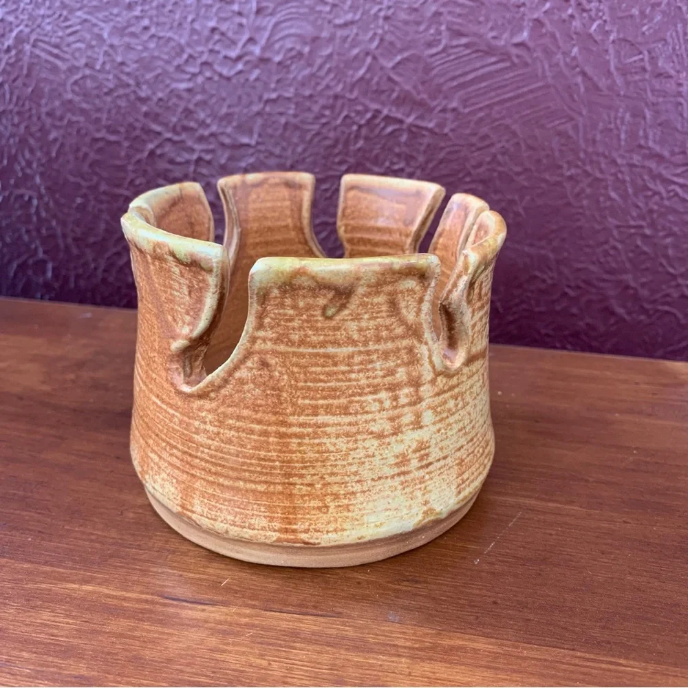 Abstract Studio art stoneware pottery Vessel candle holder signed